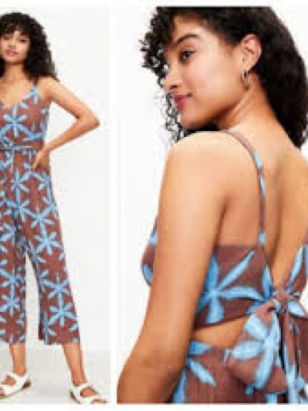 LOFT Brown Jumpsuit with Blue Floral Tie-Back